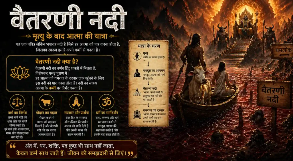 वैतरणी नदी पार करती हुई आत्मा और कर्मों के अनुसार उसका मार्ग