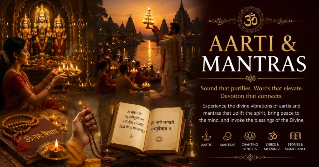 Aarti and mantras category banner featuring devotional chanting, diyas, sacred books and temple aarti