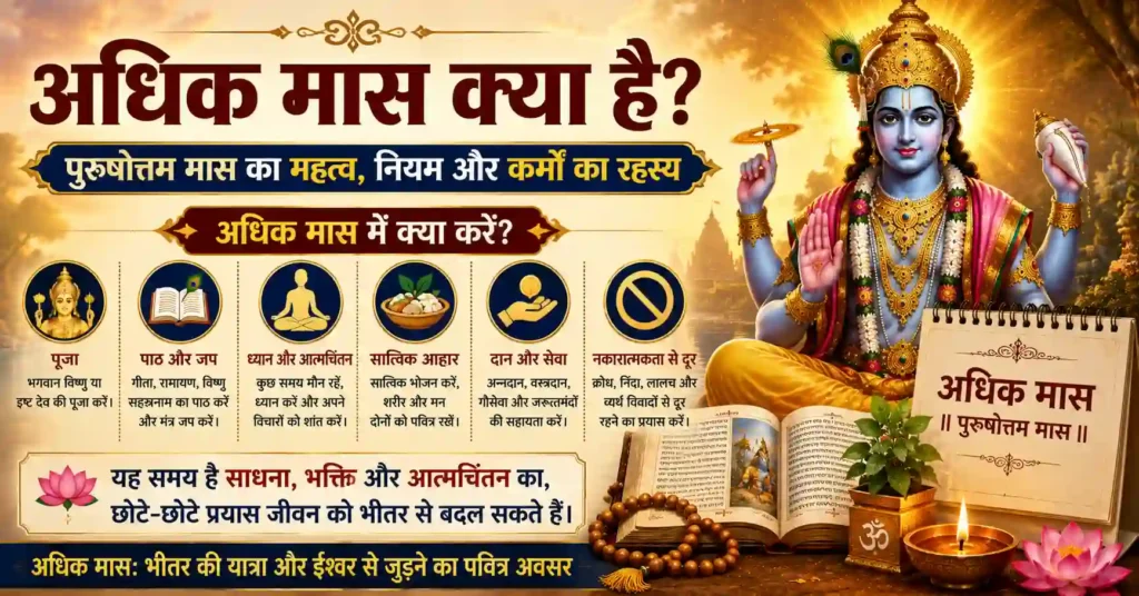 अधिक मास में क्या करना चाहिए जैसे जप, ध्यान, दान और सात्विक जीवन को समझाती हिंदी devotional image