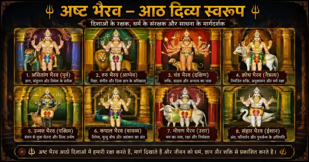 अष्ट भैरव के आठ दिव्य स्वरूपों का चित्र जिसमें असितांग, रुरु, चंड, क्रोध, उन्मत्त, कपाल, भीषण और संहार भैरव के दिशा, शक्ति और आध्यात्मिक अर्थ दर्शाए गए हैं