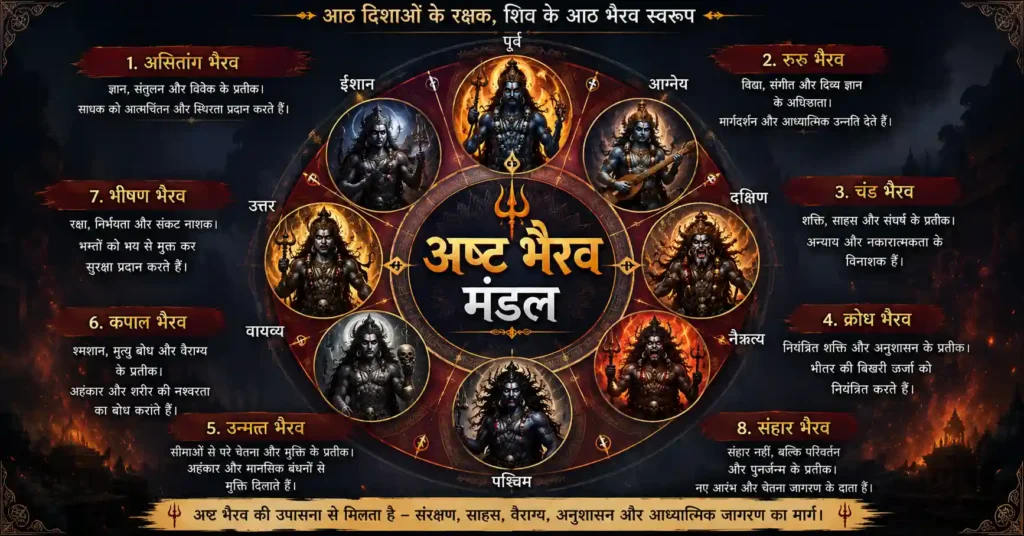 अष्ट भैरव मंडल का चित्र जिसमें आठों भैरव और उनकी आध्यात्मिक शक्तियां दर्शाई गई हैं