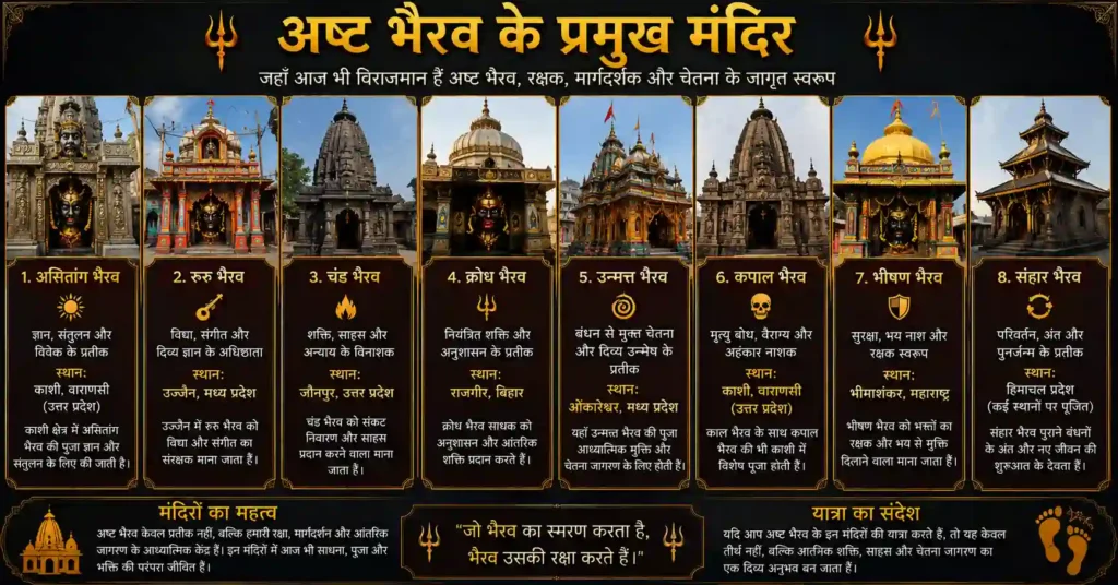 अष्ट भैरव के प्रमुख मंदिरों का चित्र जिसमें विभिन्न भैरव मंदिर और उनकी आध्यात्मिक परंपराएं दिखाई गई हैं