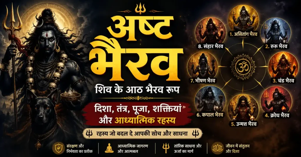 अष्ट भैरव के आठ दिव्य स्वरूपों का चित्र जिसमें शिव के भैरव रूप, दिशा, तंत्र और आध्यात्मिक रहस्य दर्शाए गए हैं