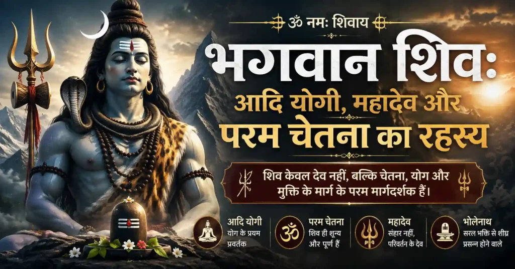 भगवान शिव आदि योगी, महादेव और परम चेतना के दिव्य स्वरूप में कैलाश पृष्ठभूमि के साथ