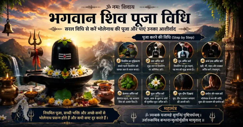 भगवान शिव पूजा विधि और शिवलिंग अभिषेक का आध्यात्मिक चित्र