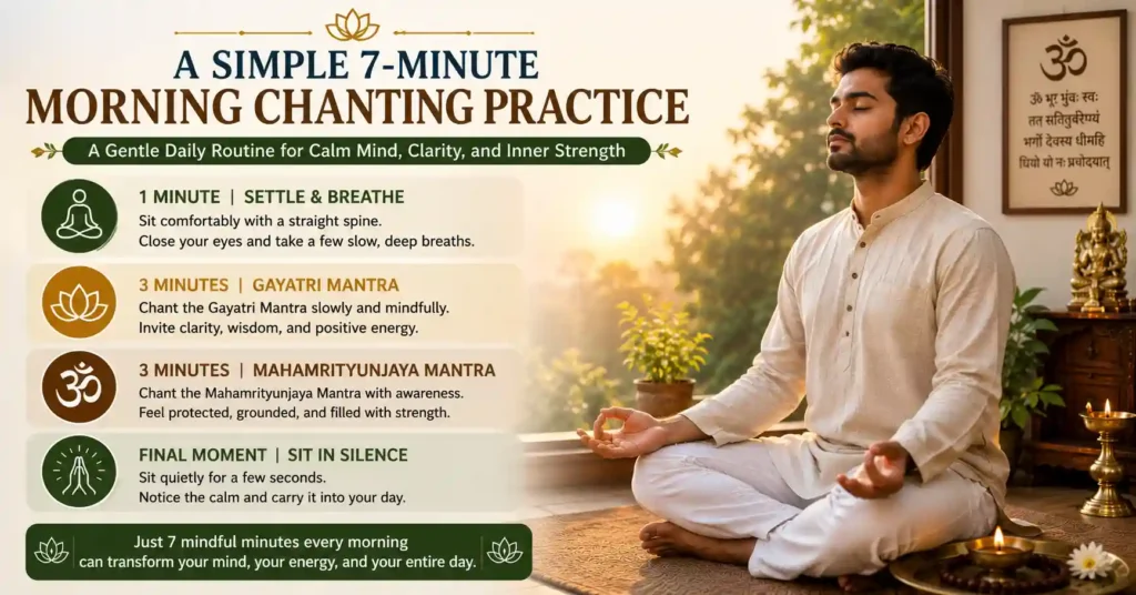 Daily morning chanting practice routine with breathing, mantra chanting and silent reflection