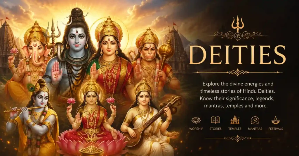 Hindu deities category banner featuring Shiva, Parvati, Ganesha, Krishna, Hanuman and Saraswati