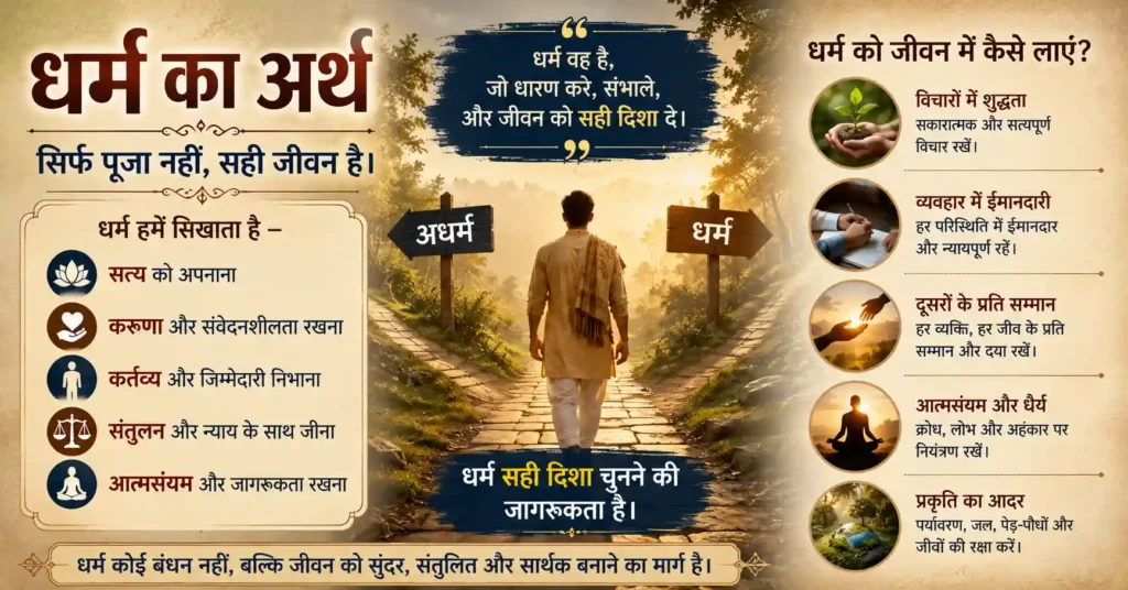 धर्म और अधर्म के अंतर को दर्शाता चित्र जिसमें सत्य, करुणा, संतुलन और स्वार्थ के प्रतीकात्मक अर्थ समझाए गए हैं