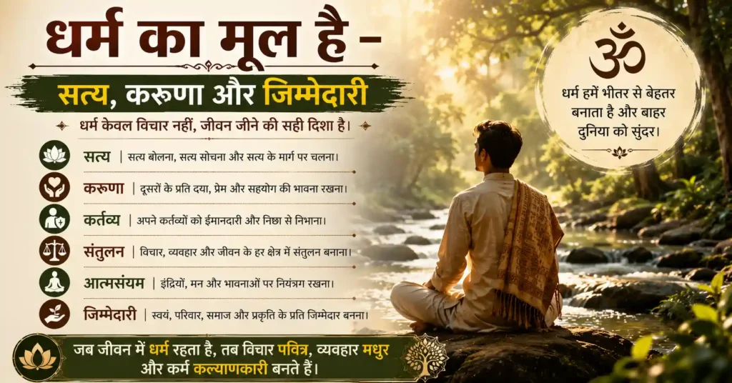धर्म और जीवन संतुलन को दर्शाता शांत आध्यात्मिक चित्र जिसमें ध्यान, चेतना और संतुलित जीवन का भाव दिखाया गया है