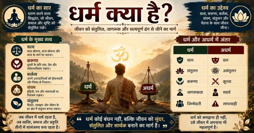धर्म को जीवन का मार्गदर्शक दर्शाता चित्र जिसमें आंतरिक शांति, सही निर्णय, आत्मविकास और प्रकृति से जुड़ाव का संदेश दिया गया है