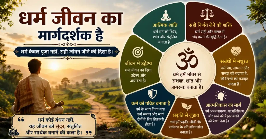 धर्म और जीवन संतुलन को दर्शाता शांत आध्यात्मिक चित्र जिसमें ध्यान, चेतना और संतुलित जीवन का भाव दिखाया गया है