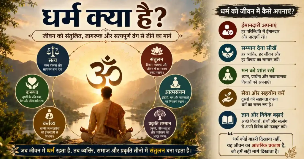 धर्म का वास्तविक अर्थ दर्शाता आध्यात्मिक चित्र जिसमें सत्य, करुणा, कर्तव्य और जिम्मेदारी को धर्म का आधार बताया गया है