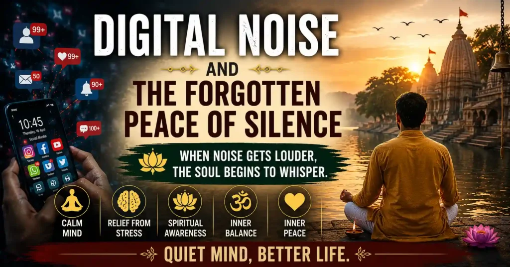 Stressed person surrounded by digital overload contrasted with peaceful meditation near a temple