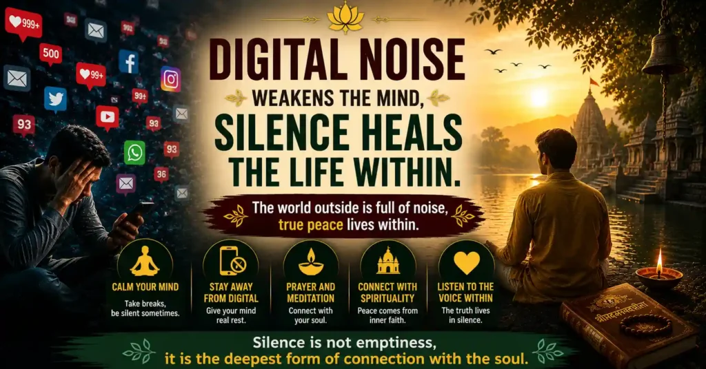 Digital distraction versus spiritual silence showing meditation, inner calm, and emotional healing
