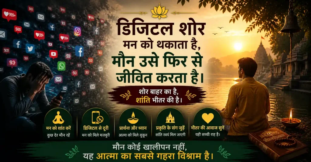 डिजिटल overload और आध्यात्मिक शांति के बीच का अंतर दिखाती सनातन प्रेरणादायक छवि