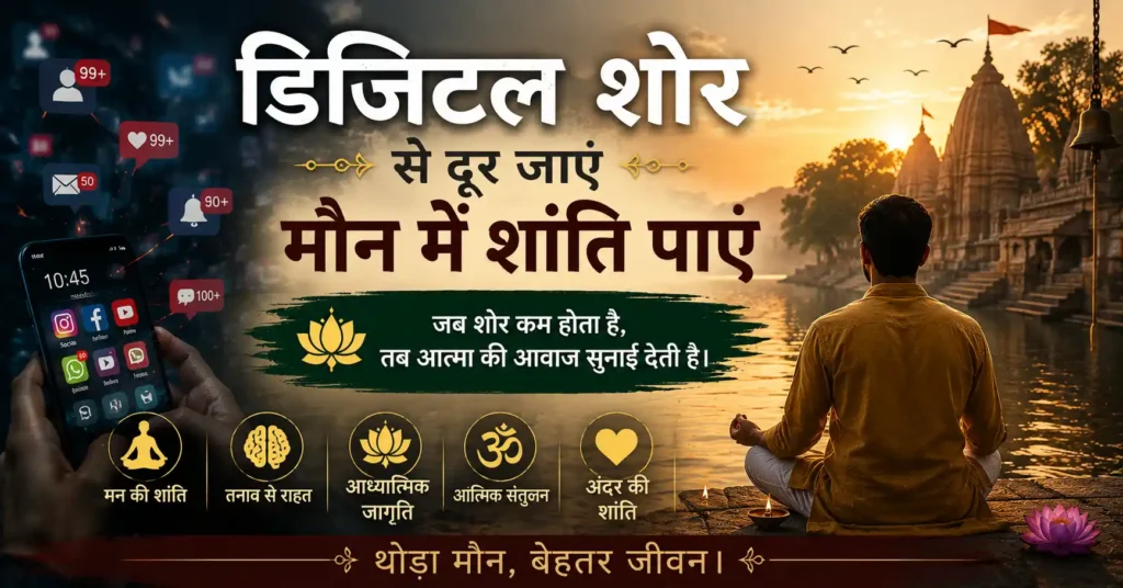 डिजिटल शोर से परेशान व्यक्ति और मंदिर के पास ध्यान में बैठा साधक दिखाती आध्यात्मिक हिंदी छवि