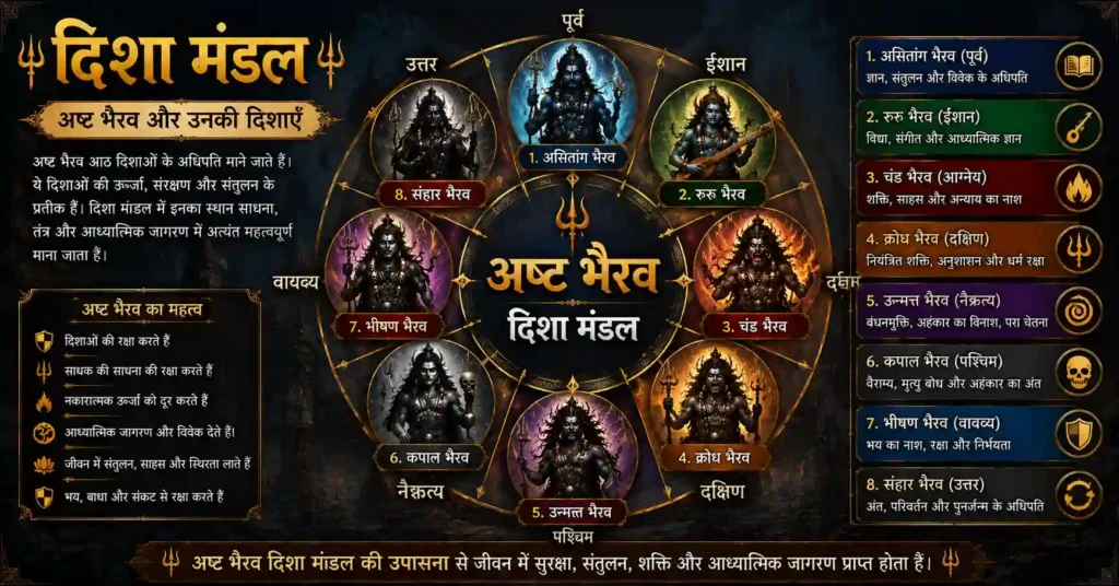 दिशा मंडल का चित्र जिसमें अष्ट भैरव और आठ दिशाओं का संबंध दर्शाया गया है