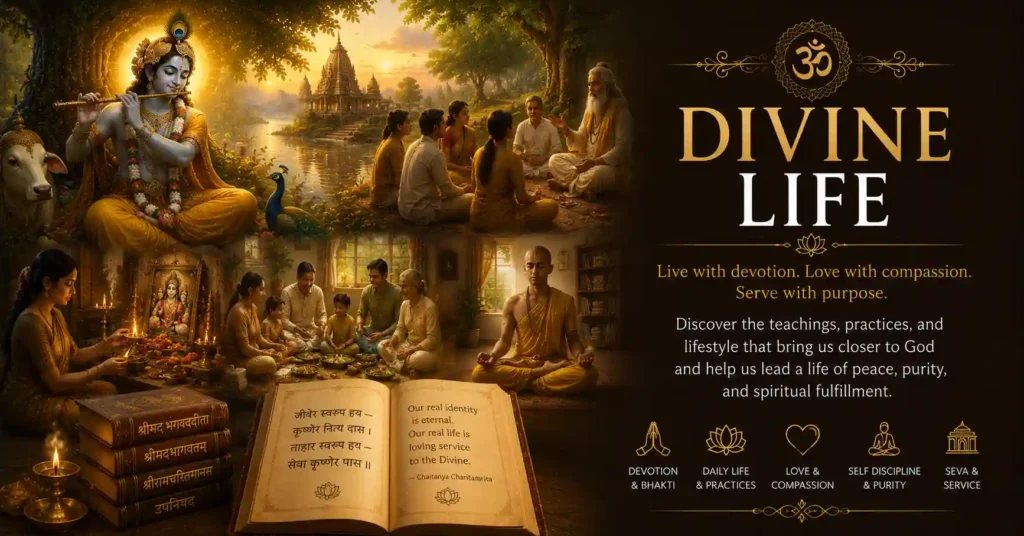 Divine life category banner showing devotional living, meditation, family values and spiritual lifestyle