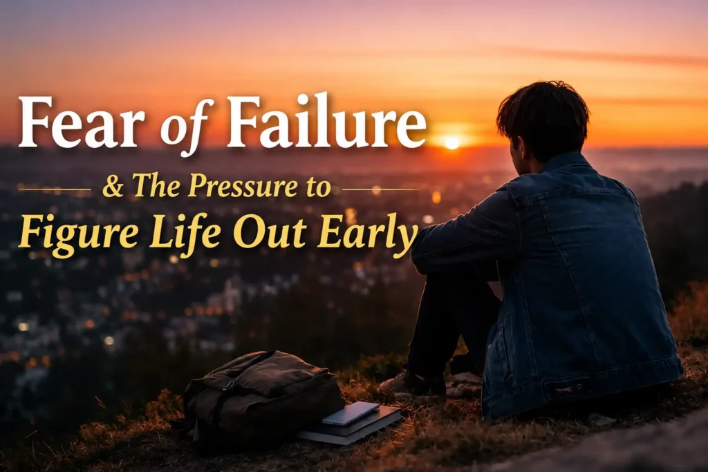 Young person sitting at sunset reflecting on fear of failure and the pressure to figure life out early.