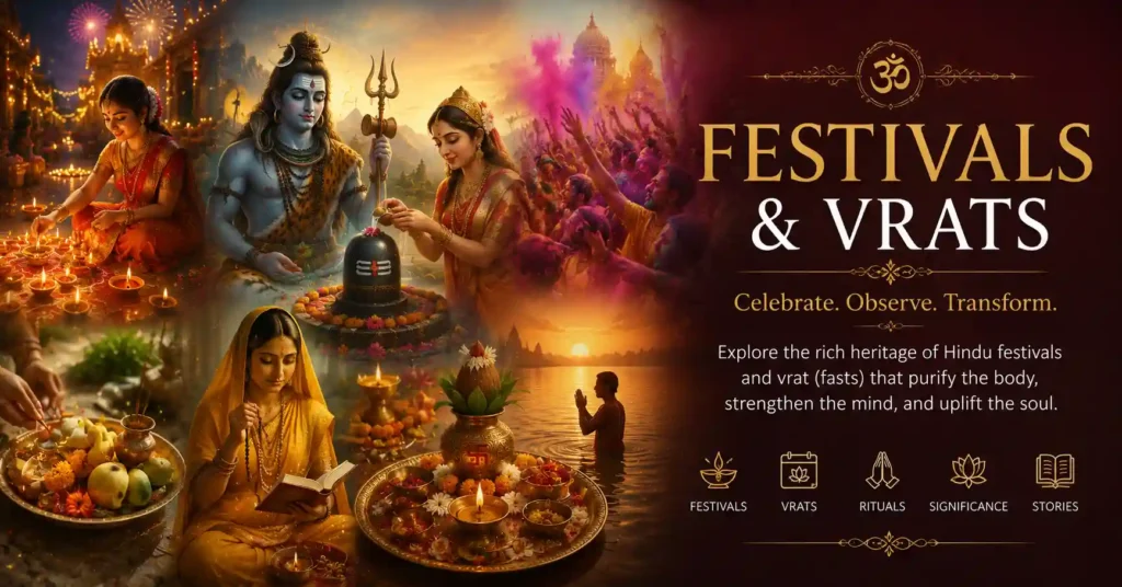 Hindu festivals and vrats category banner showing Diwali, Holi, puja rituals and devotional traditions