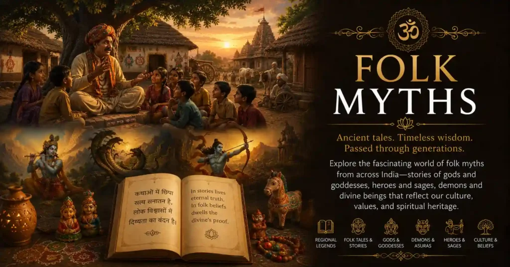 Folk myths category banner featuring village storytelling, regional traditions and sacred folk legends