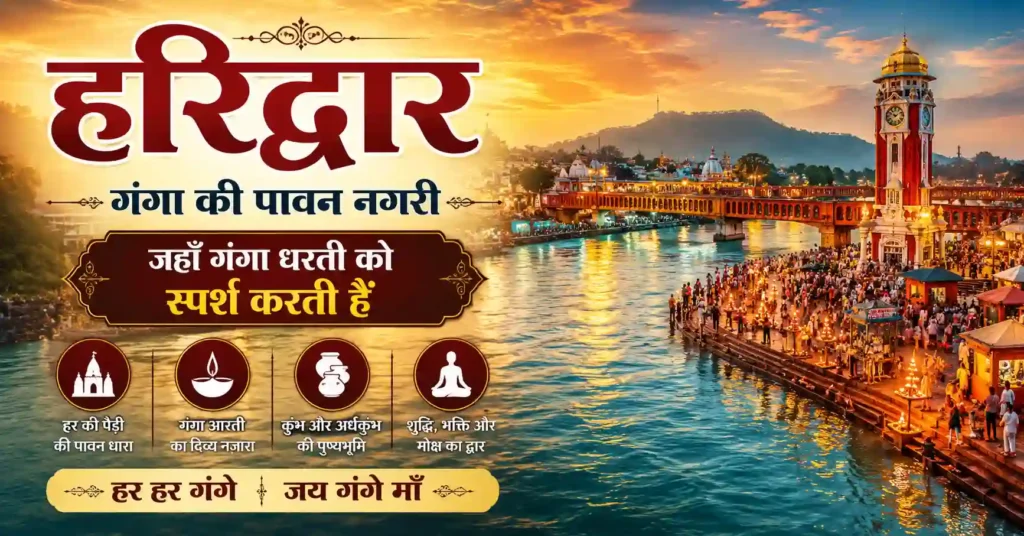 हरिद्वार में हर की पौड़ी और गंगा आरती का दृश्य