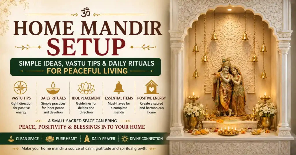 Wooden home mandir setup with Krishna idol and peaceful spiritual atmosphere