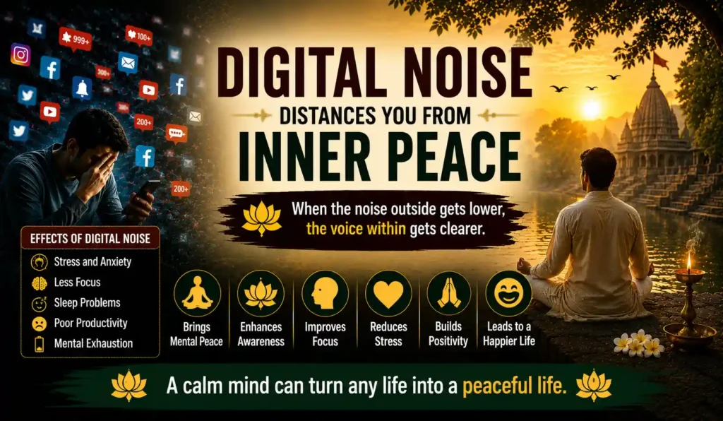Meditative spiritual scene showing inner peace, mindfulness, and freedom from digital noise and overstimulation