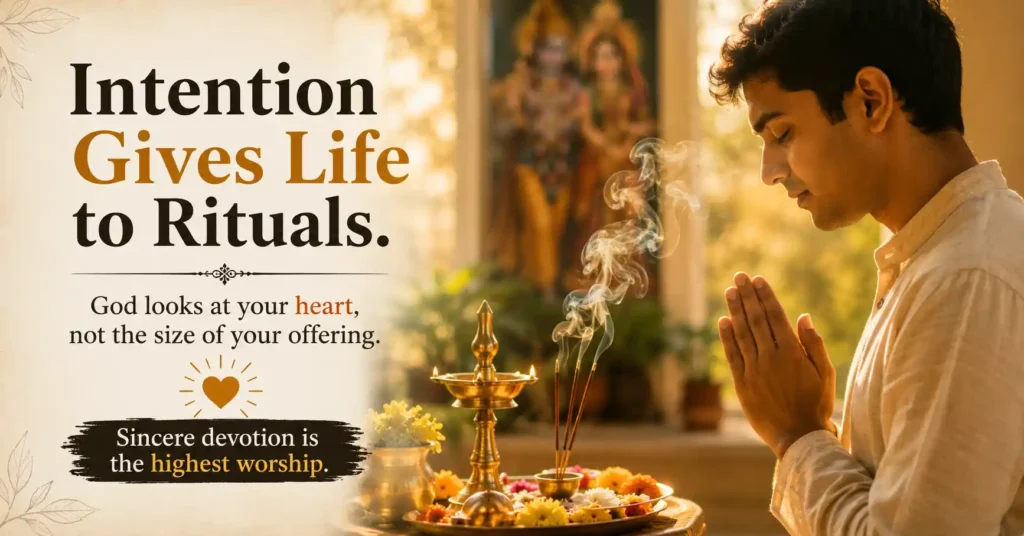 Young devotee offering prayers before a diya and incense, illustrating how sincere intention gives meaning to rituals.