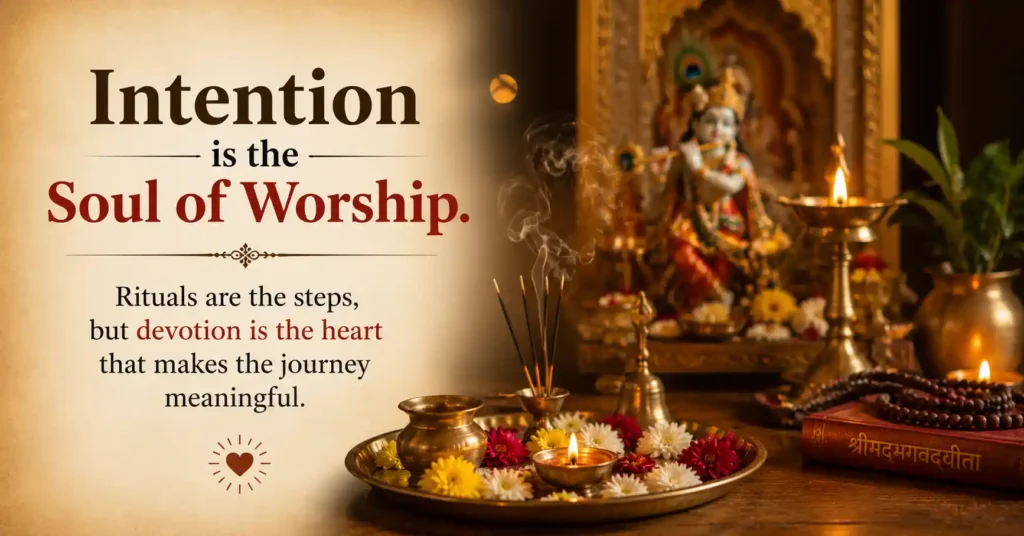 Traditional Hindu worship altar with diya, flowers, and deity idol representing devotion as the soul of worship.