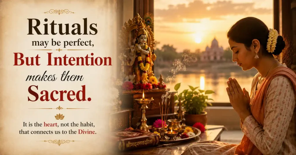 Devotee engaged in prayer beside a sacred altar, highlighting how heartfelt intention makes rituals spiritually meaningful.