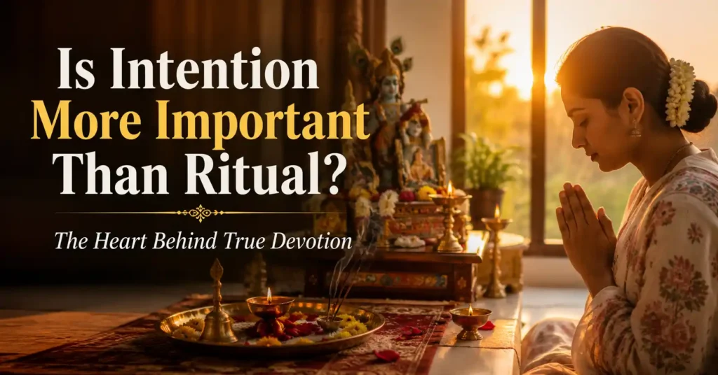Devotee praying before a diya at sunrise, symbolizing sincere devotion, intention, and ritual in Sanatan Dharma.