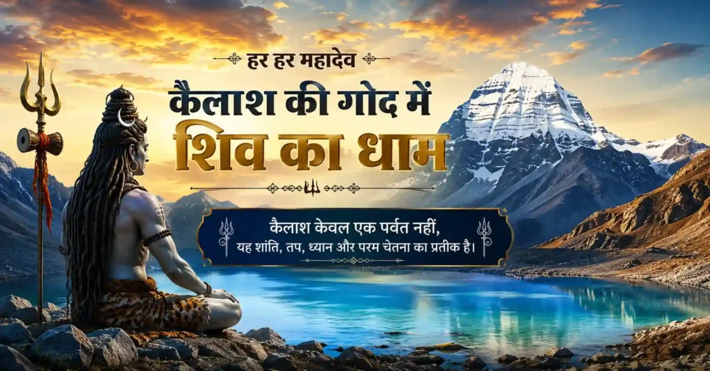 कैलाश पर्वत और ध्यानमग्न भगवान शिव का आध्यात्मिक दृश्य