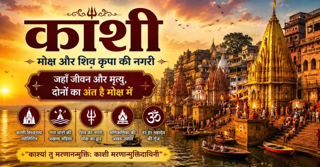 काशी के घाट और श्री काशी विश्वनाथ मंदिर का दृश्य