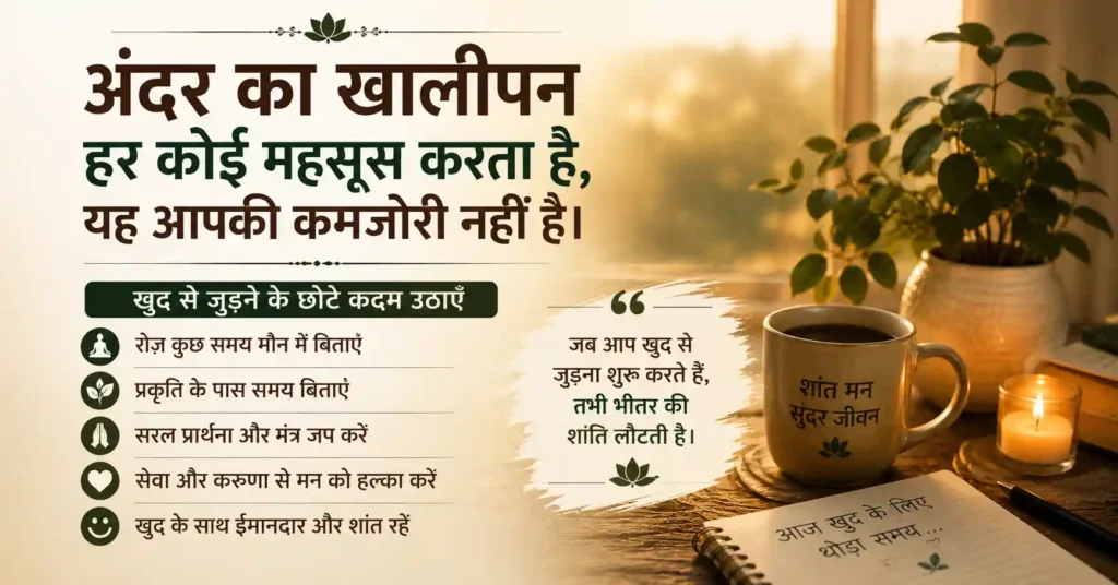 खुद से जुड़ने, शांत मन और आंतरिक संतुलन को दर्शाती सनातन जीवन दृष्टि की हिंदी छवि