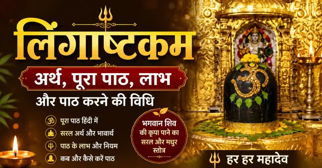 भगवान शिव के शिवलिंग के साथ लिंगाष्टकम का हिंदी पोस्टर जिसमें अर्थ, पूरा पाठ, लाभ और पाठ विधि दिखाई गई है