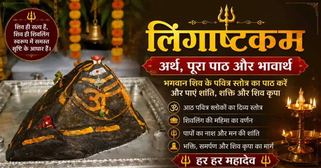 भगवान शिव के प्राचीन शिवलिंग के साथ लिंगाष्टकम का हिंदी पोस्टर जिसमें अर्थ, पूरा पाठ और भावार्थ दिखाया गया है