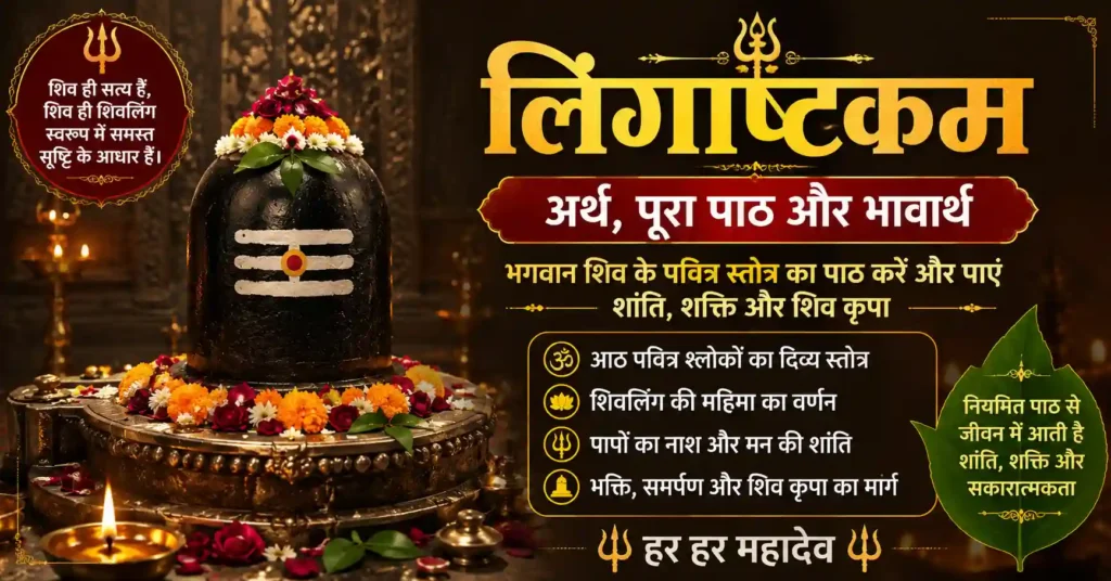 भगवान शिव के पवित्र शिवलिंग के साथ लिंगाष्टकम का हिंदी पोस्टर जिसमें शांति, शक्ति और शिव कृपा का संदेश दिया गया है