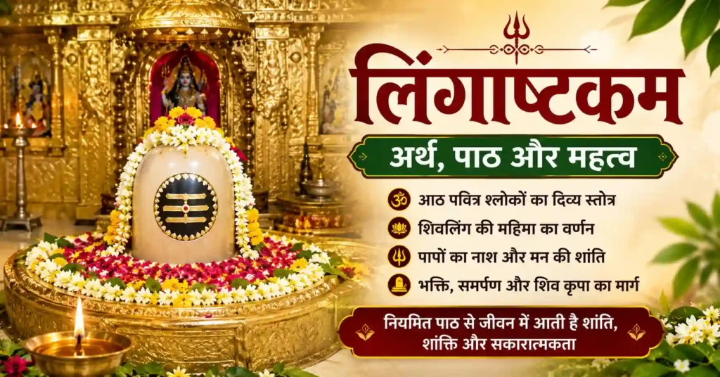 स्वर्ण मंदिर में स्थापित शिवलिंग के साथ लिंगाष्टकम और शिवलिंग की महिमा दर्शाता हिंदी आध्यात्मिक पोस्टर