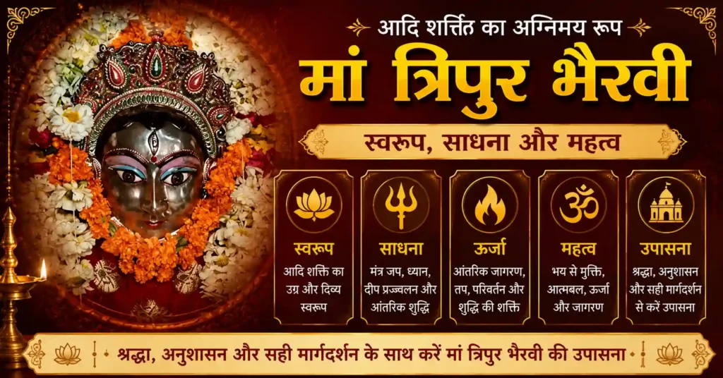 फूलों से सुसज्जित मां त्रिपुर भैरवी का मंदिर स्वरूप और आध्यात्मिक प्रतीक