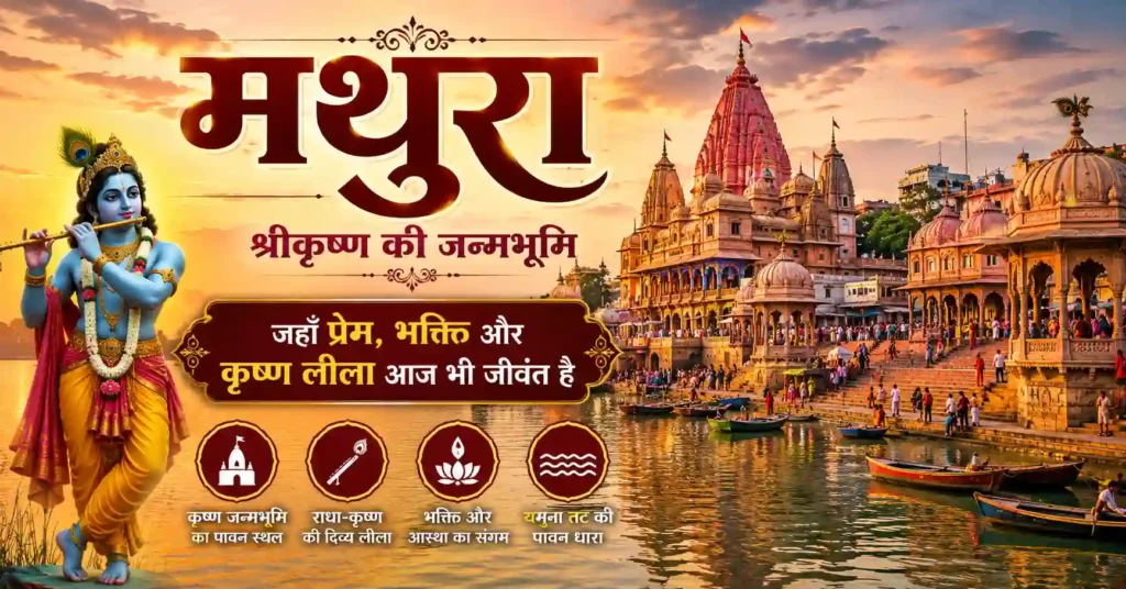 मथुरा की पवित्र भूमि और श्रीकृष्ण भक्ति का दृश्य