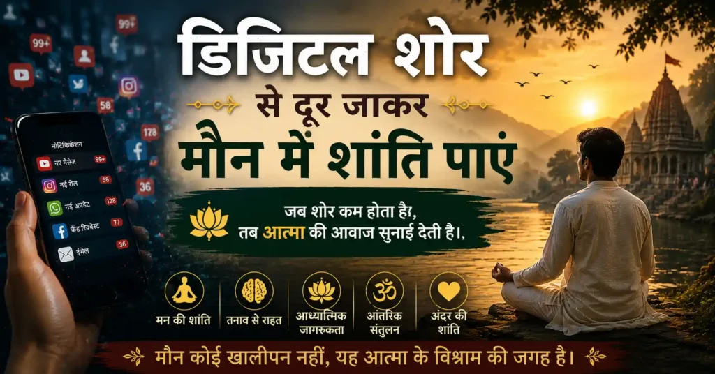 मौन, ध्यान और मानसिक शांति के माध्यम से भीतर की स्थिरता दर्शाती प्रेरणादायक हिंदी छवि