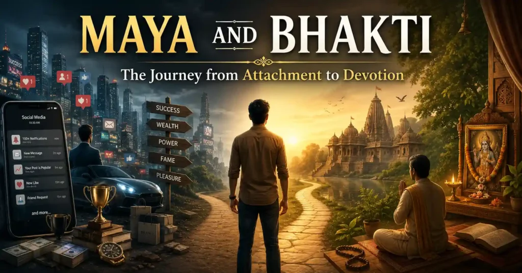 Maya and Bhakti in Sanatan Dharma showing the journey from worldly attachment to devotion and inner peace