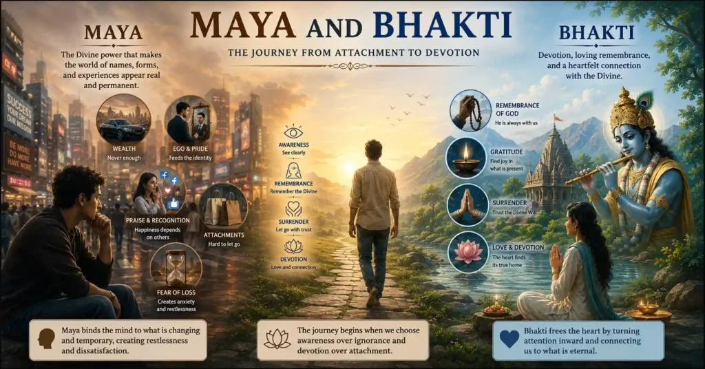 Maya and Bhakti illustrating the spiritual journey from attachment and illusion to devotion and inner peace