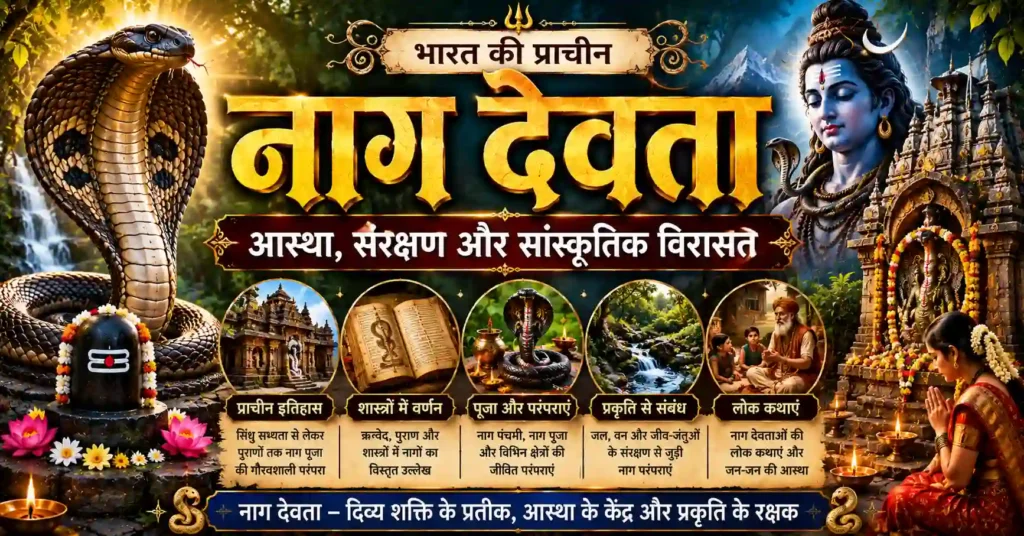नाग पूजा परंपराओं, जल स्रोतों और प्रकृति संरक्षण से जुड़ी लोक मान्यताओं का चित्र