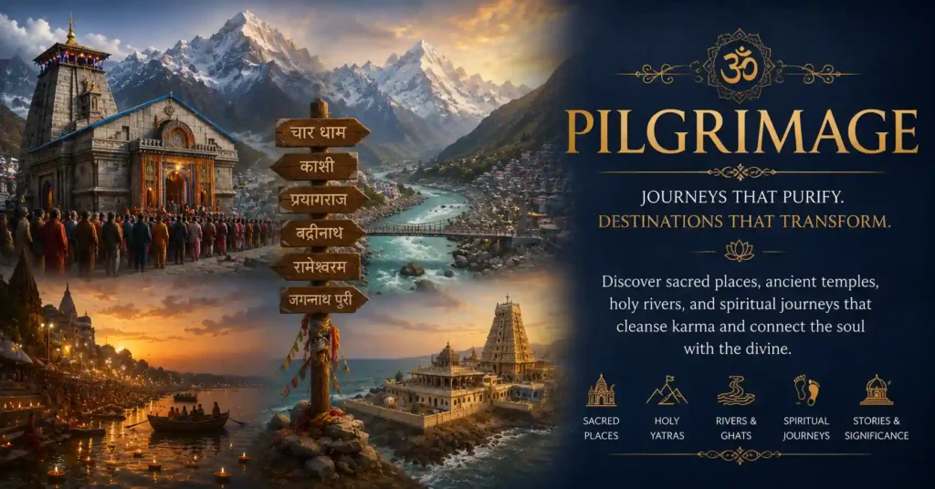 Pilgrimage category banner featuring sacred temples, Char Dham routes, ghats and spiritual journeys