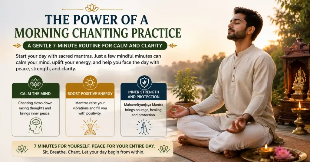 Man practicing morning chanting meditation for calm mind, inner strength and clarity