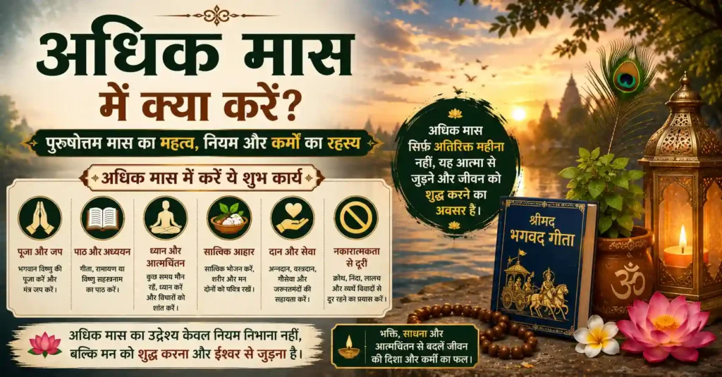 पुरुषोत्तम मास का महत्व, भक्ति, सेवा और आत्मिक शांति को दर्शाती हिंदी infographic devotional image