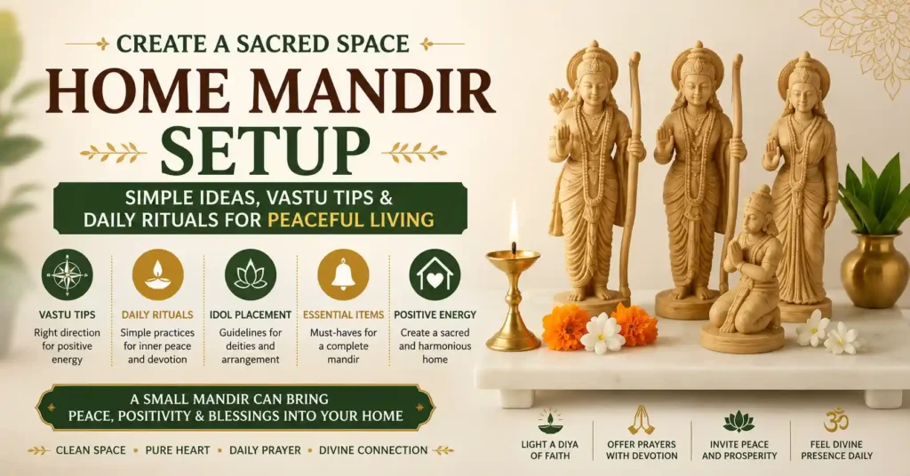Elegant Radha Krishna home temple setup with diyas and devotional decor