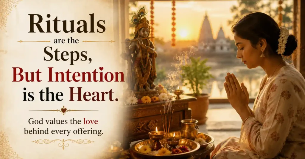 Woman praying before a home altar at sunrise, showing that intention is the heart behind every spiritual practice.